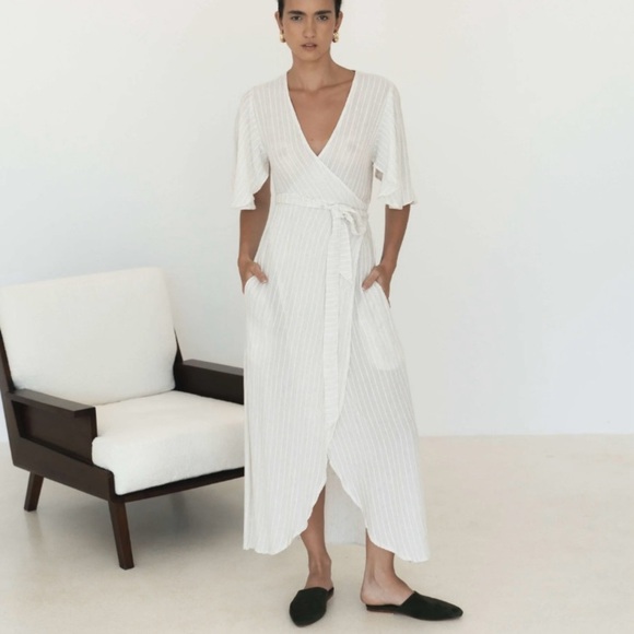 Lu ciee Natural Stripe Linen Blend Wrap Midi Dress Minimalist Classic Chic - Picture 3 of 14